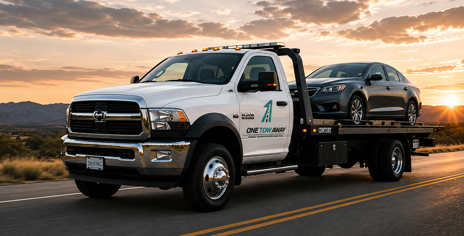 Flatbed tow truck transporting a passenger vehicle